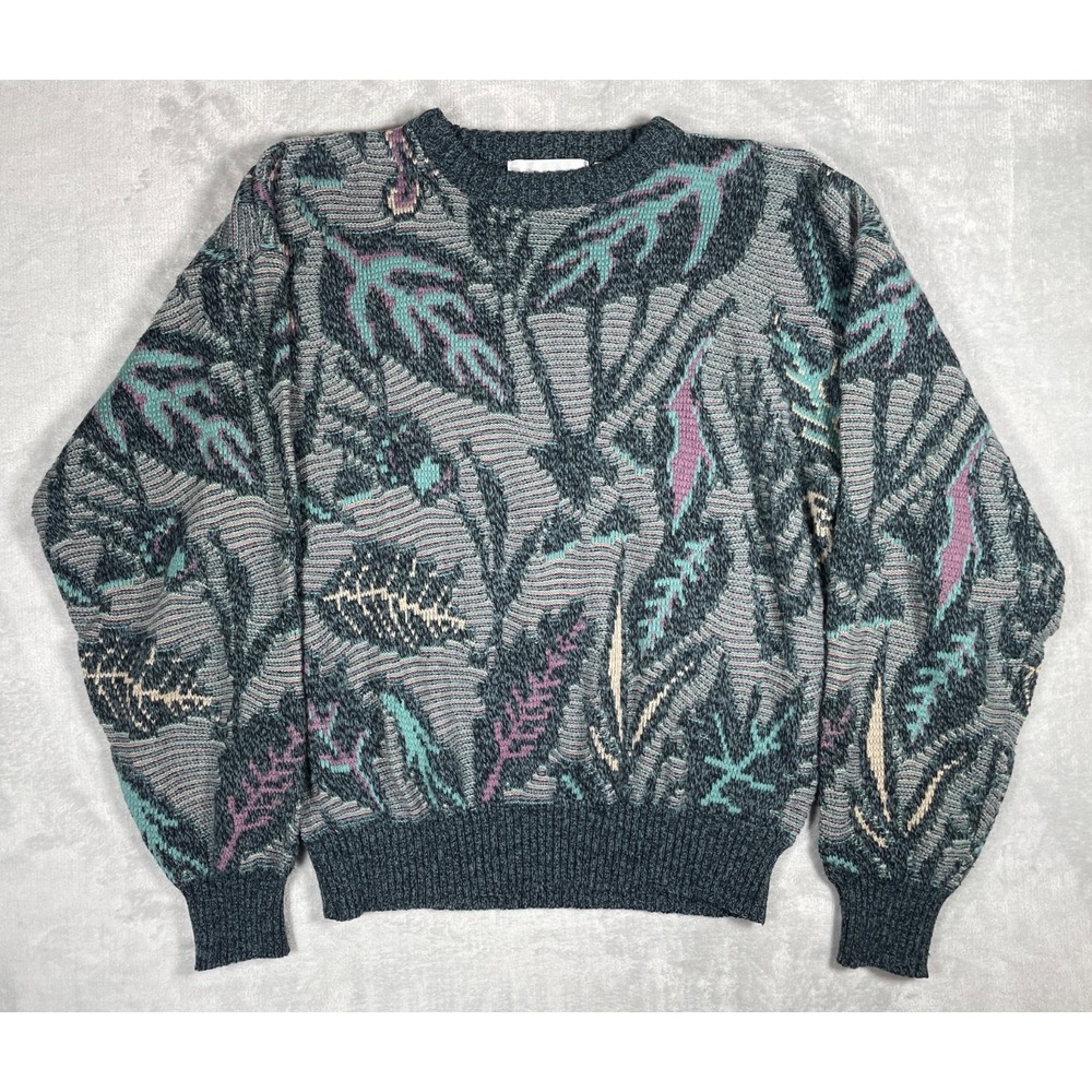 Vintage Michael Gerald Sweater Men L Gray Abstract Leaf Knit 90s Coogi Style